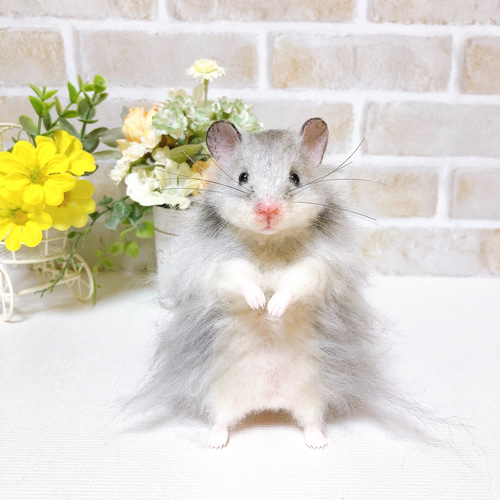 ゴールデンハムスター　羊毛フェルト 長毛グレー *ゴールデンハムスター* (羊毛フェルト) 羊毛フェルト