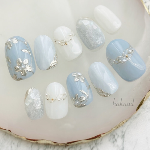 サイズオーダー♡梅雨の雫風ニュアンスネイルチップ ブルー×つや order  