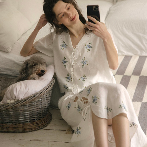 再販】美しい刺繍に心奪われる ピュアリネンのスカート リゾート