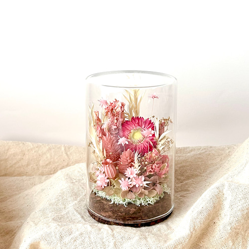 □ピンクの植物インテリア〜ガラスボトルの中で楽しむ花たち