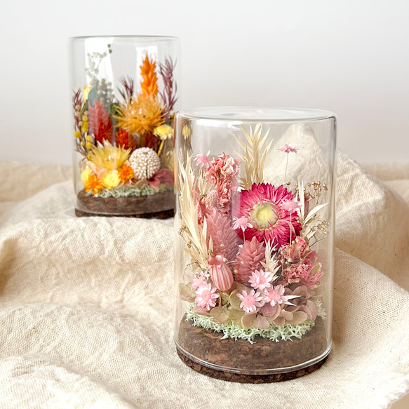 □ピンクの植物インテリア〜ガラスボトルの中で楽しむ花たち