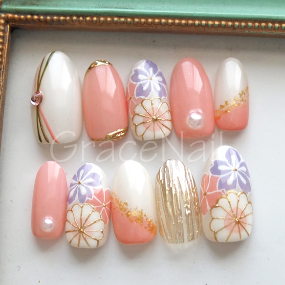 サイズオーダー】ネイルチップ和装和柄ピンク振袖結婚式成人式卒業式