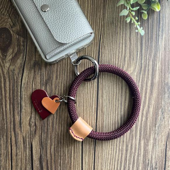 極太パラコード リングストラップ ハートチャーム名入れ可 マルーン