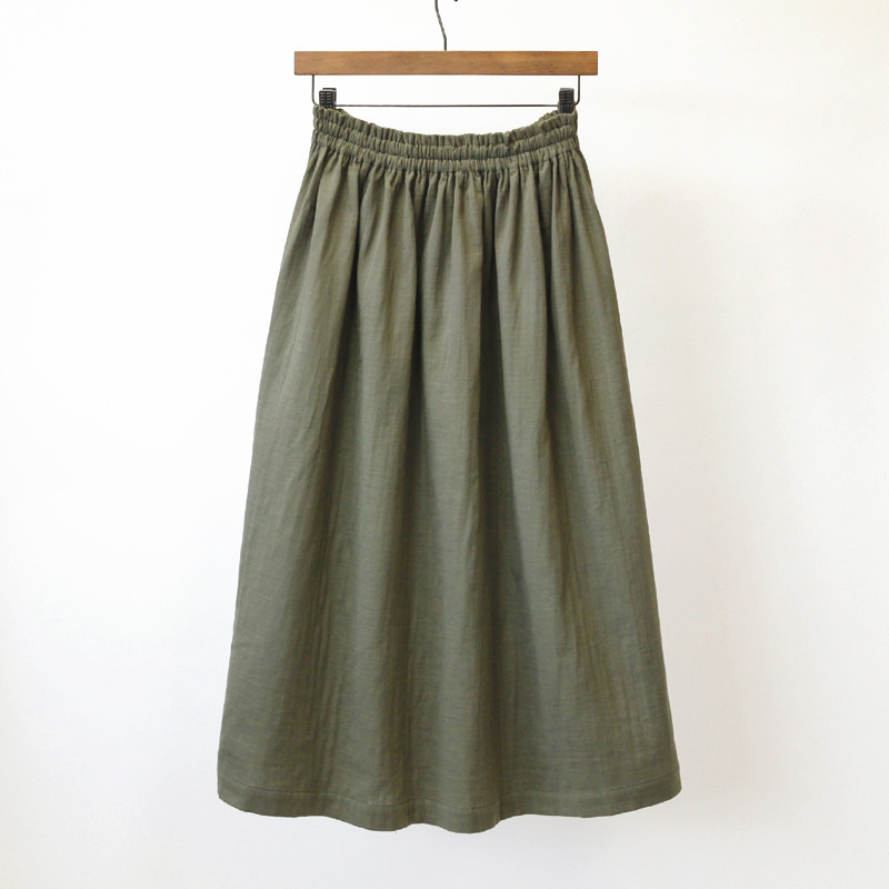 【即納】ふんわり柔らかスラブダブルガーゼのギャザースカート（カーキ）タンブラー加工 ロング オリーブ