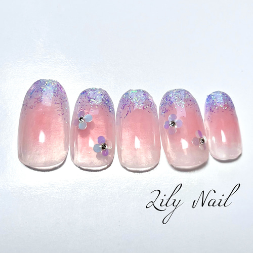 チークと紫陽花ラメネイルチップ ネイルチップ（つけ爪） Lily