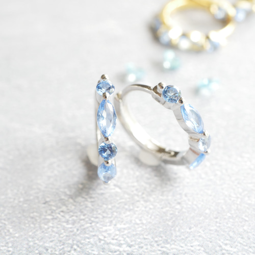 アクアマリン ワンタッチフープピアス／イヤリング シルバー アイス