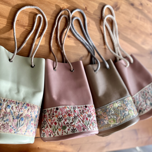 インド刺繍と本革の3way巾着バッグ＊ピンク＊レザー＊肩掛け・斜