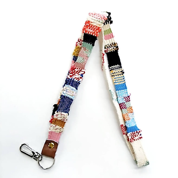 手織りネックストラップ（ネームホルダー付き）カラフルボーダー 裂き