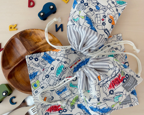 給食セット 巾着&ランチョンマット トレイン＊ナチュラル＊両紐5  