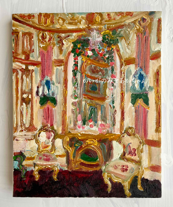 22×27㎝「陶器の装飾が施された鏡台のある部屋」F3・油彩画・原画 絵画 