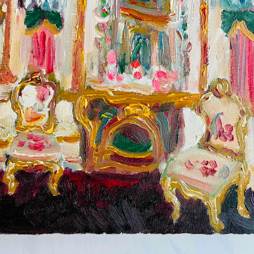 22×27㎝「陶器の装飾が施された鏡台のある部屋」F3・油彩画・原画 絵画 