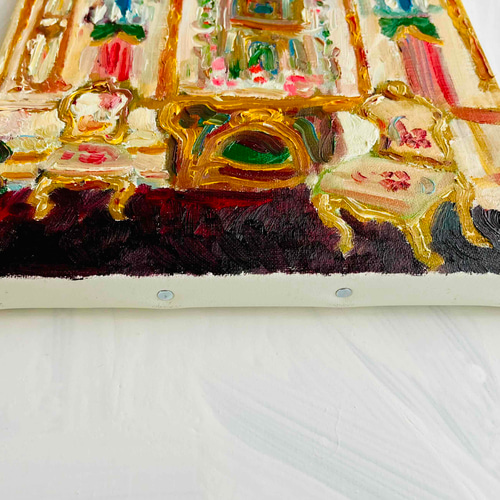 22×27㎝「陶器の装飾が施された鏡台のある部屋」F3・油彩画・原画 絵画 