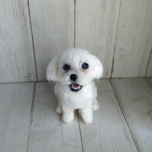 マコ　ハンドメイド 羊毛フェルトの犬 白　　手のひら大 羊毛フェルト］手の平サイズのうちの子、愛犬オーダー 羊毛フェルト