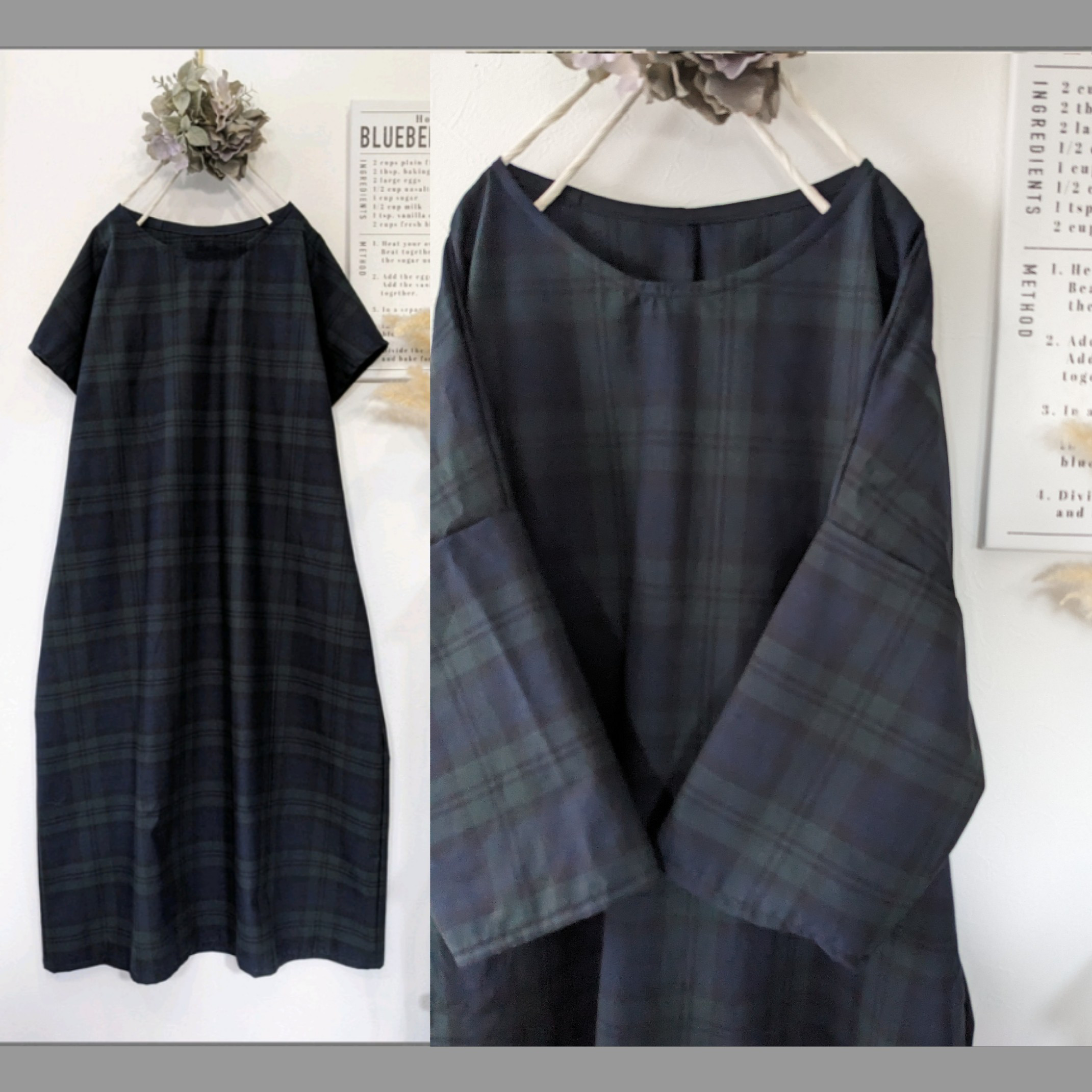 ♥ブラックウォッチチェック柄ワンピース♥半袖　7分袖