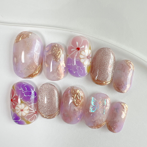 ニュアンスネイルチップ 振袖 浴衣 成人式 夏ネイル パープル 紫  