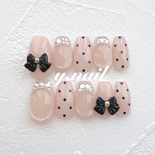 13))フレンチガーリー リボン ドットネイル ピンクネイル ネイルチップ 13))フレンチガーリー リボン ドットネイル ピンクネイル ネイル