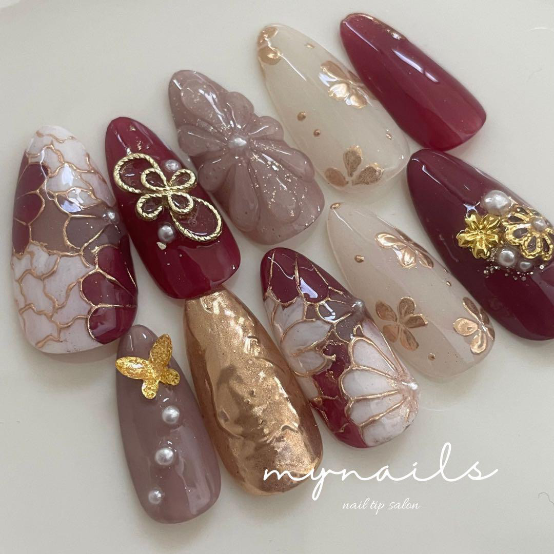 【サイズオーダー】和柄ぷっくりフラワー 赤 成人式 卒業式 振袖 袴 和装 結婚式 着物 和ネイルno168