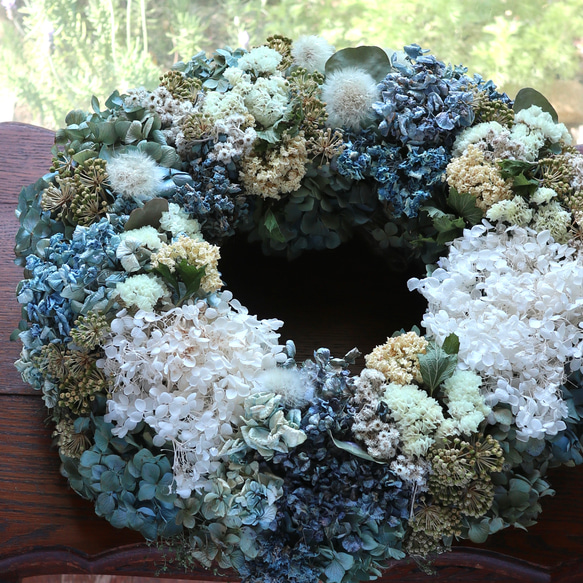 45cm) ＊特大＊紫陽花とタンポポの綿毛のまあるいボリュームリース 