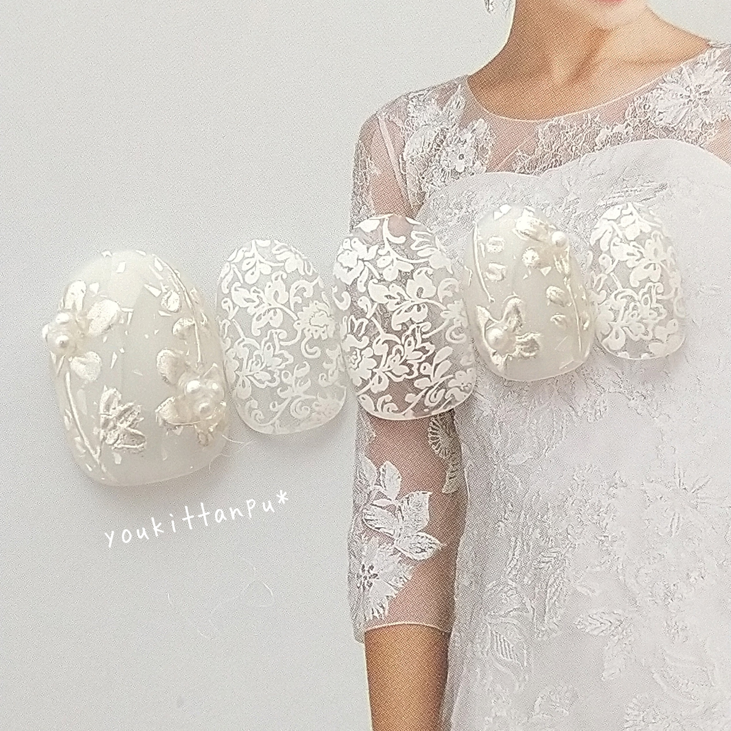 プラチナミラーフラワー＆レース 小花＊ネイルチップ つけ爪 ブライダルネイル ウェディング 結婚式 白無垢 成人式