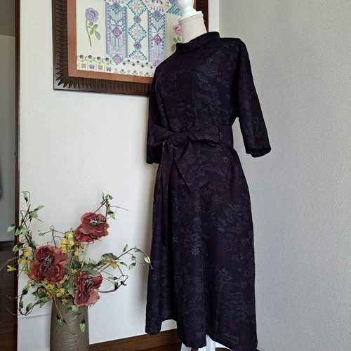 【新作入荷!!】 ☆ 着物リメイク/紬/一点もの/ロールカラーワンピ―ス ワンピース