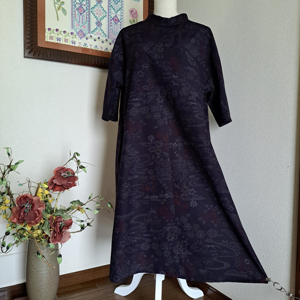 ☆ 着物リメイク/紬/一点もの/ロールカラーワンピ―ス！☆ ハンドメイド  