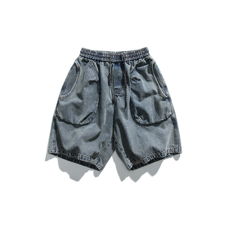 レトロな大ポケットデニムパンツメンズ夏のゆったり工装五分パンツ W380