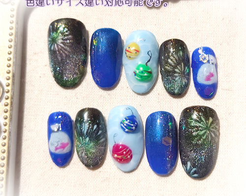 ☆現品☆ネイルチップ ジェルネイル 夏祭り 花火 079 ネイルチップ