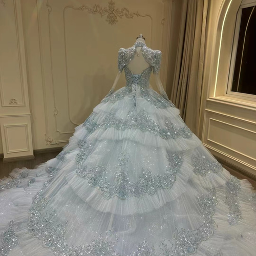 絶対後悔しない☆水色 長袖 編み上げ ロングトレーン 豪華 お姫様 v