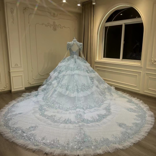 絶対後悔しない☆水色 長袖 編み上げ ロングトレーン 豪華 お姫様 v