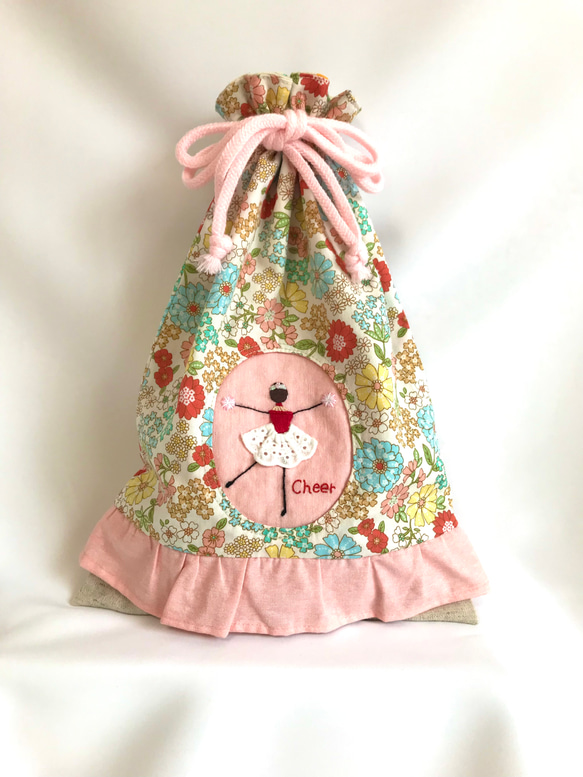 チア 巾着 手刺繍 （M） ポンポン ピンク&ホワイト シューズ入れ 小物