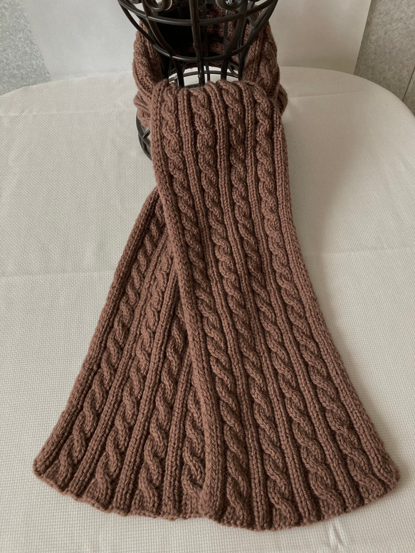 未使用45R インドメリノウールのマフラー 茶色　ヘリンボン メリノウールの手編みマフラー 並太毛糸 茶色 マフラー Knitting LOVE