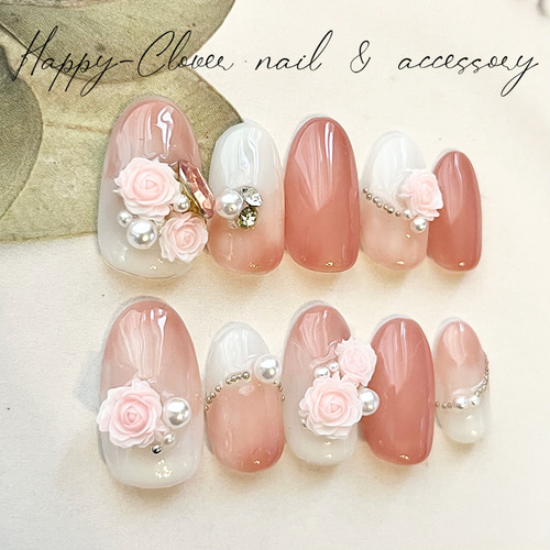 ネイルチップ ピンクの3Dフラワーネイル 結婚式 ブライダルネイル 成人