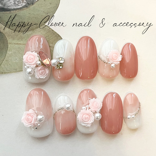 ネイルチップ ピンクの3Dフラワーネイル 結婚式 ブライダル