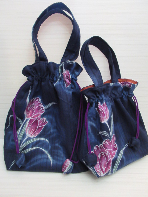 【No.1228】小さ目＆大き目巾着トートバッグ２点セット・綿絽の浴衣地⭐️クリックポスト送料無料⭐