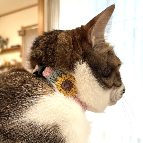 ひまわり大 新色追加 猫さんにやさしい首輪【かぎ針編み 猫の首輪 猫  