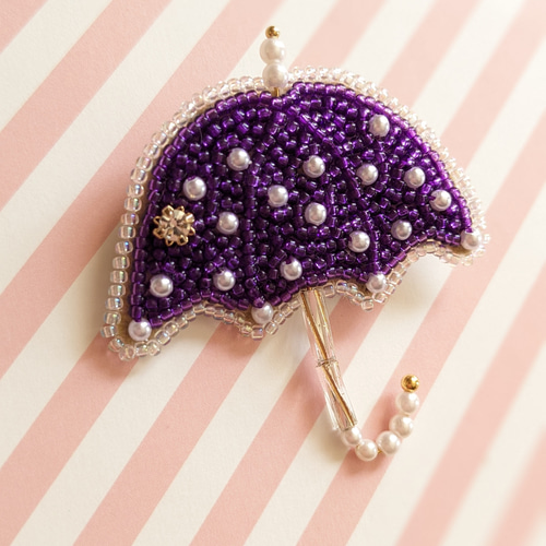 傘ブローチ　アンティークビーズ刺繍　ビーズ刺繍ブローチ ハンドメイドブローチ ビーズ刺繍の傘ブローチ ブルー｜Yahoo