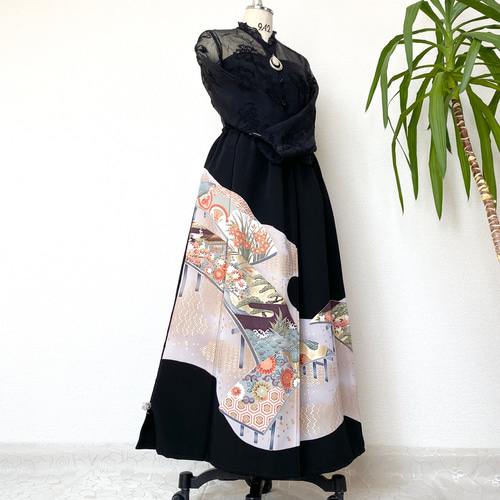 黒留袖着物リメイクウエストゴムロングスカート送料無料フリーサイズ1  