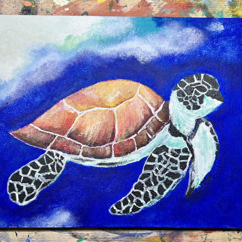 【原画】ウミガメの旅立ち 原画no.50 海霊 子海亀の旅 絵画 ケンちゃんの天然石工房 通販