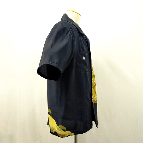 め0826着物リメイク正絹黒留袖江戸褄イタリアンカラーアロハシャツハンドメイド め0826着物リメイク正絹黒留袖江戸褄イタリアンカラーアロハ