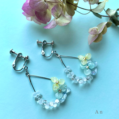 紫陽花アナベルの雫】イヤリング／ピアス #紫陽花ハンドメイド2026 夏