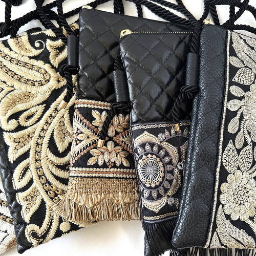 受注製作】インド刺繍リボン フェイクレザーキルティング お出かけ
