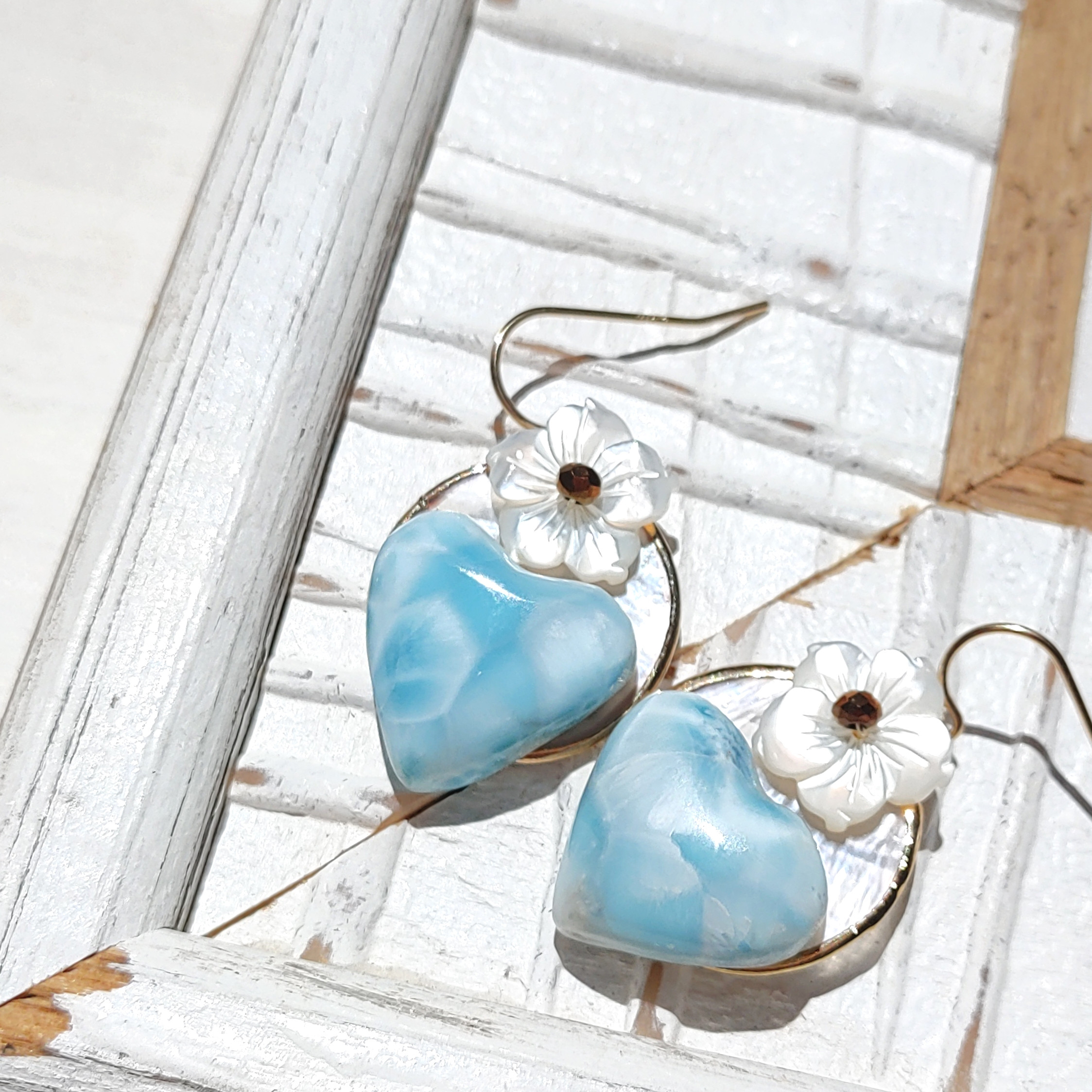 ❁Larimar love flower earrings 14kgf❁可愛いハイクラスハートラリマー