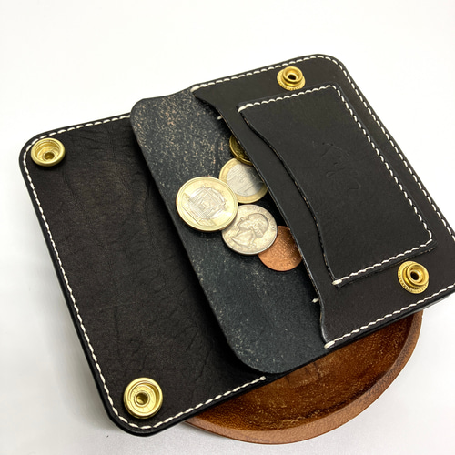 姫路ヌメ革 トラッカーウォレット ハンドメイド ミドルウォレット 2つ折り財布 受注製作姫路レザー 丘染め黒 紙幣ポケット付きミドルトラッカー