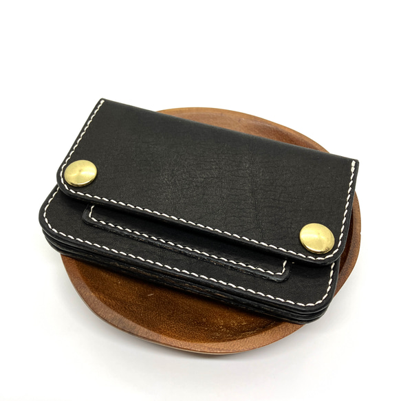 姫路ヌメ革 トラッカーウォレット ハンドメイド 2つ折り財布 ミドルサイズ 黒 姫路レザー芯通し黒色ミニトラッカーウォレット/黒色/ステッチ