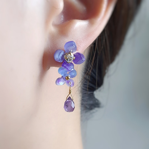 幻想グラデーション◇紫陽花の朝露(天然石アメジスト)/ピアス