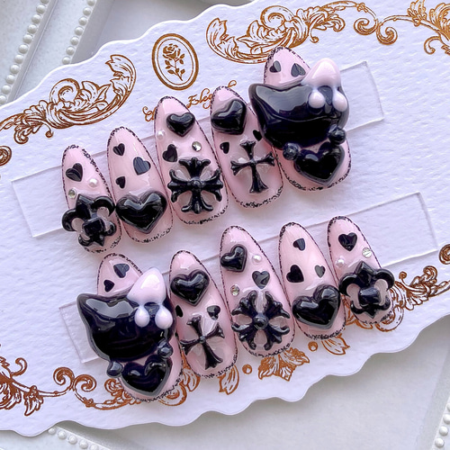 ネイルチップ 量産型 地雷 サブカル ブラック ピンク ネコ リボン ハート