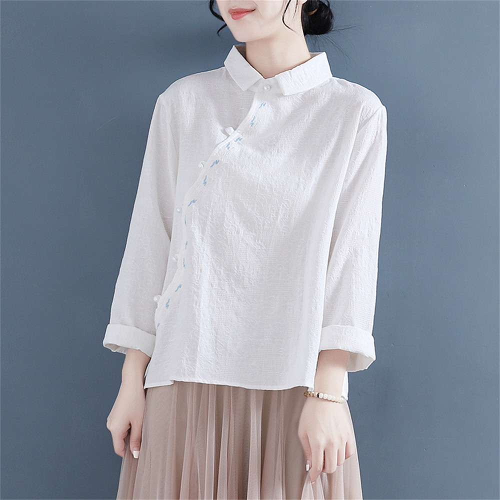 ゆったり無地レディース綿麻シャツ