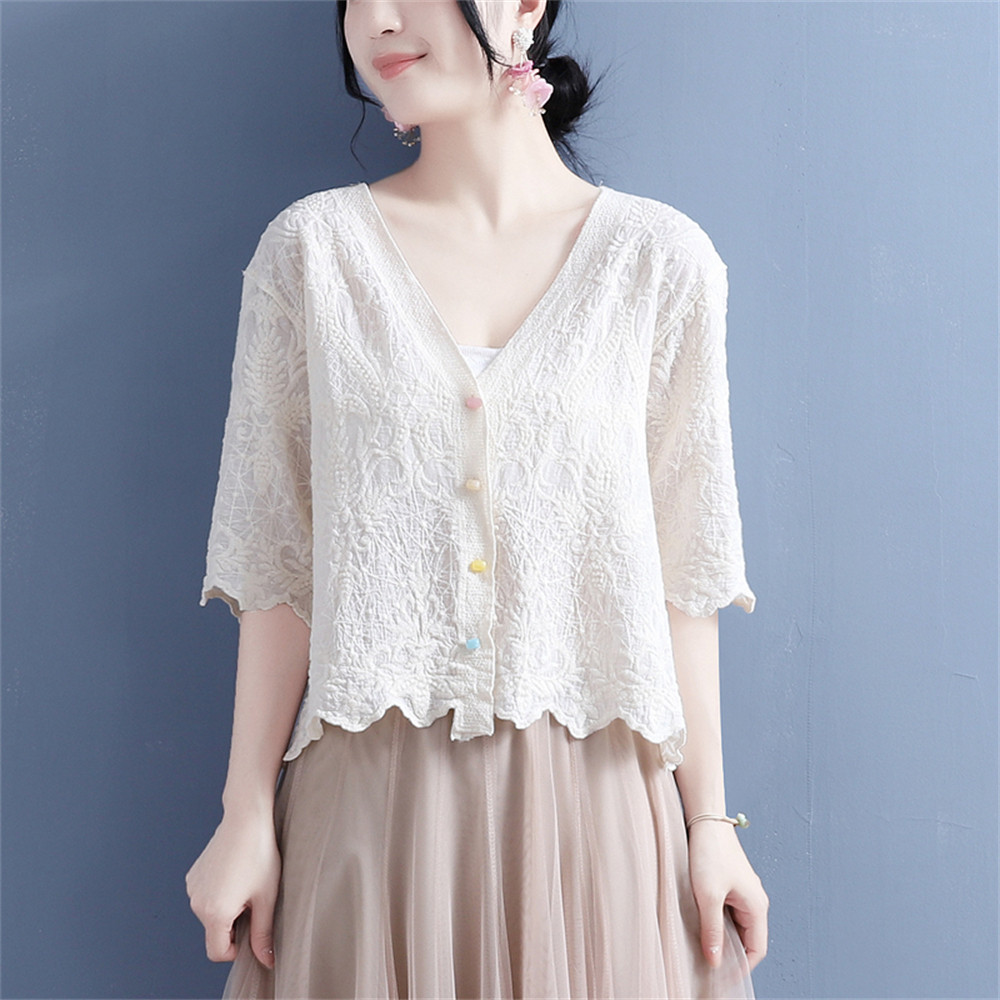 レディース夏無地綿麻カーディガン半袖