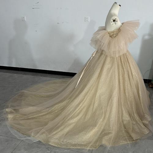 華やか シャンパン色 カラードレス キラキラグリッターチュール オフ  