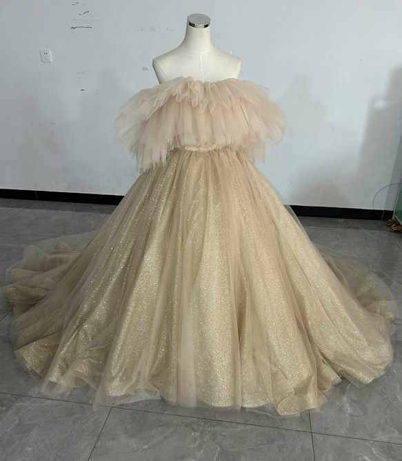 華やか シャンパン色 カラードレス キラキラグリッターチュール オフ  